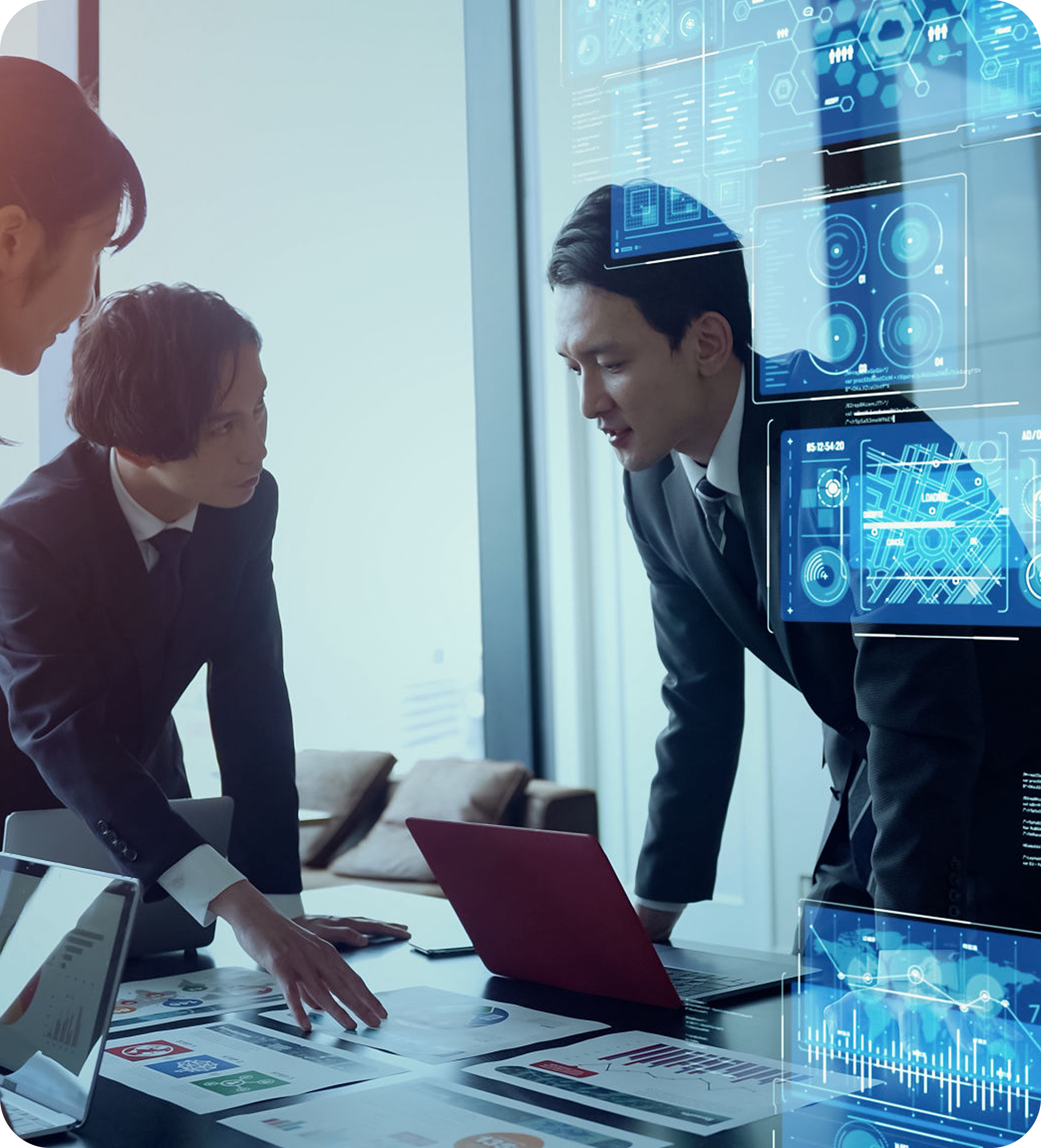 Business meeting with digital data overlays.